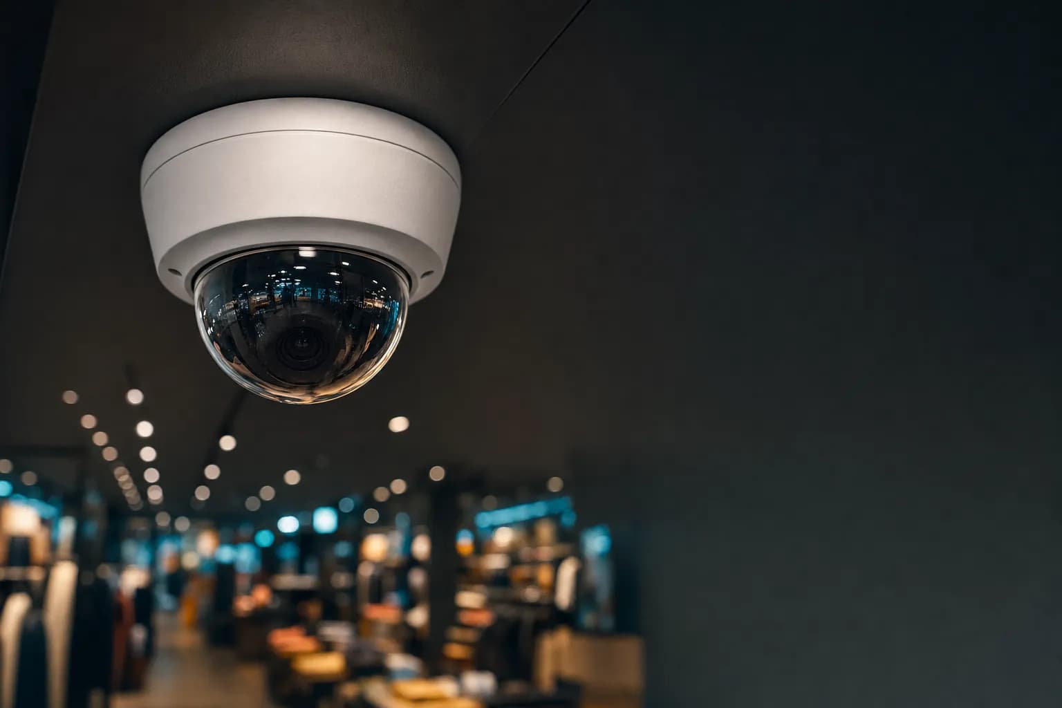 Cámara domo de seguridad en el techo de una tienda.